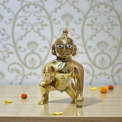Pure Brass Laddu Gopal (Bal Krishna) – 3.5 Inch Crawling Idol Holding Laddu