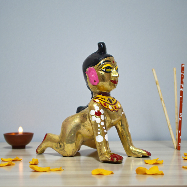 Pure Brass Laddu Radha Rani (Bal Radha) – 4 Inch Crawling Idol with Painted Eyes (460g)