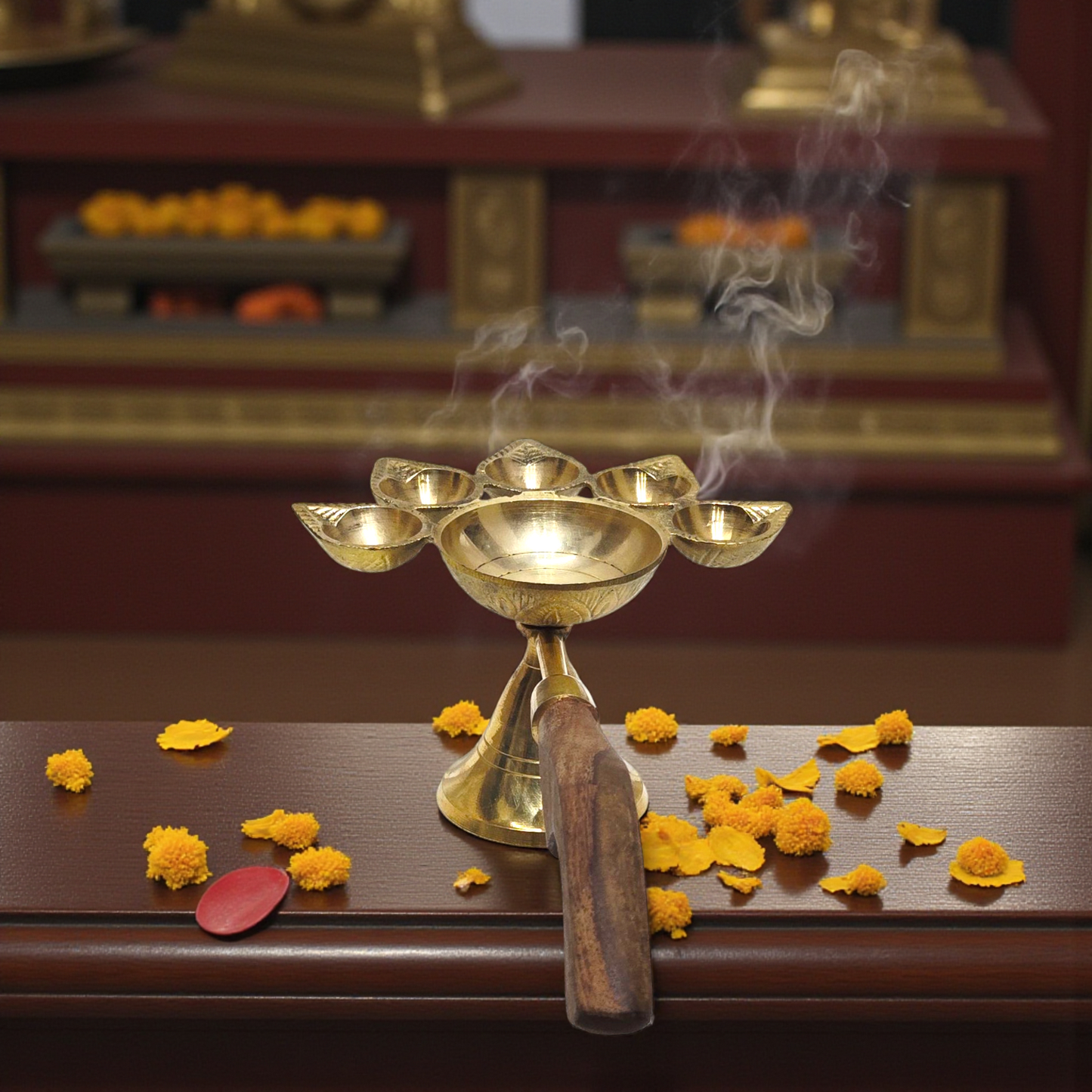 Pure Brass Kerala Diya with Wooden Handle | Traditional Multi-Wick Aarti Lamp | Handcrafted Brass Deepam