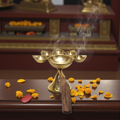 Pure Brass Kerala Diya with Wooden Handle | Traditional Multi-Wick Aarti Lamp | Handcrafted Brass Deepam