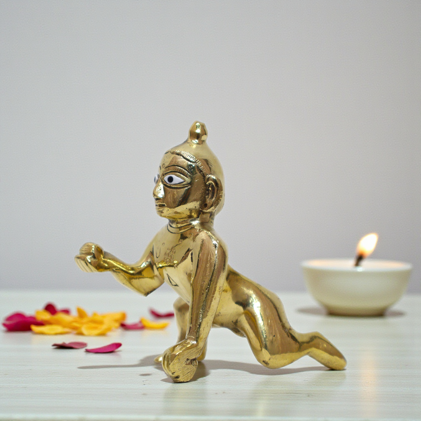 Pure Brass Laddu Gopal (Bal Krishna) – 3.5 Inch Crawling Idol Holding Laddu