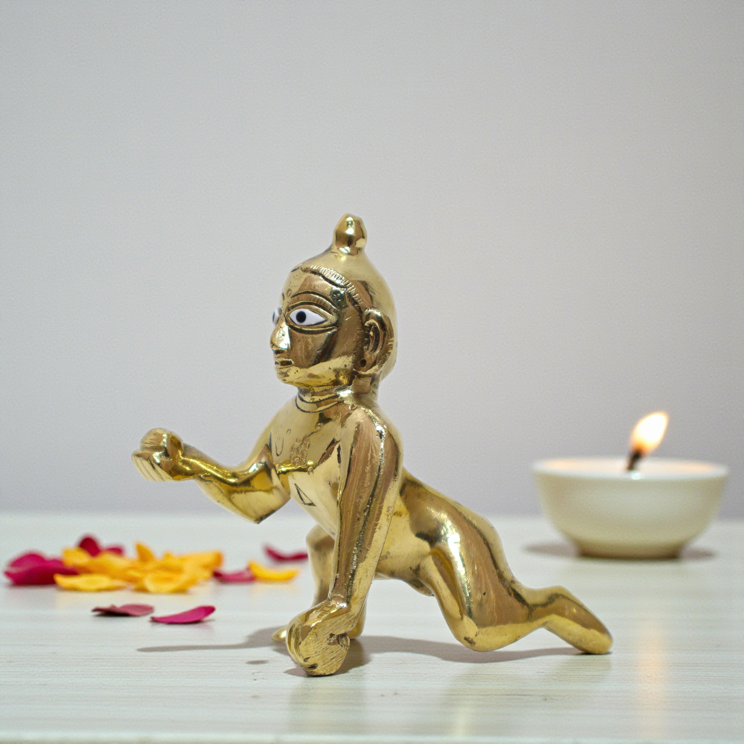 Pure Brass Laddu Gopal (Bal Krishna) – 3.5 Inch Crawling Idol Holding Laddu
