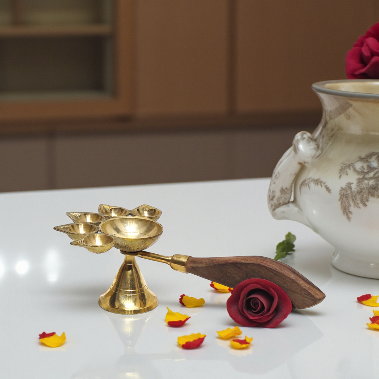 Pure Brass Kerala Diya with Wooden Handle | Traditional Multi-Wick Aarti Lamp | Handcrafted Brass Deepam