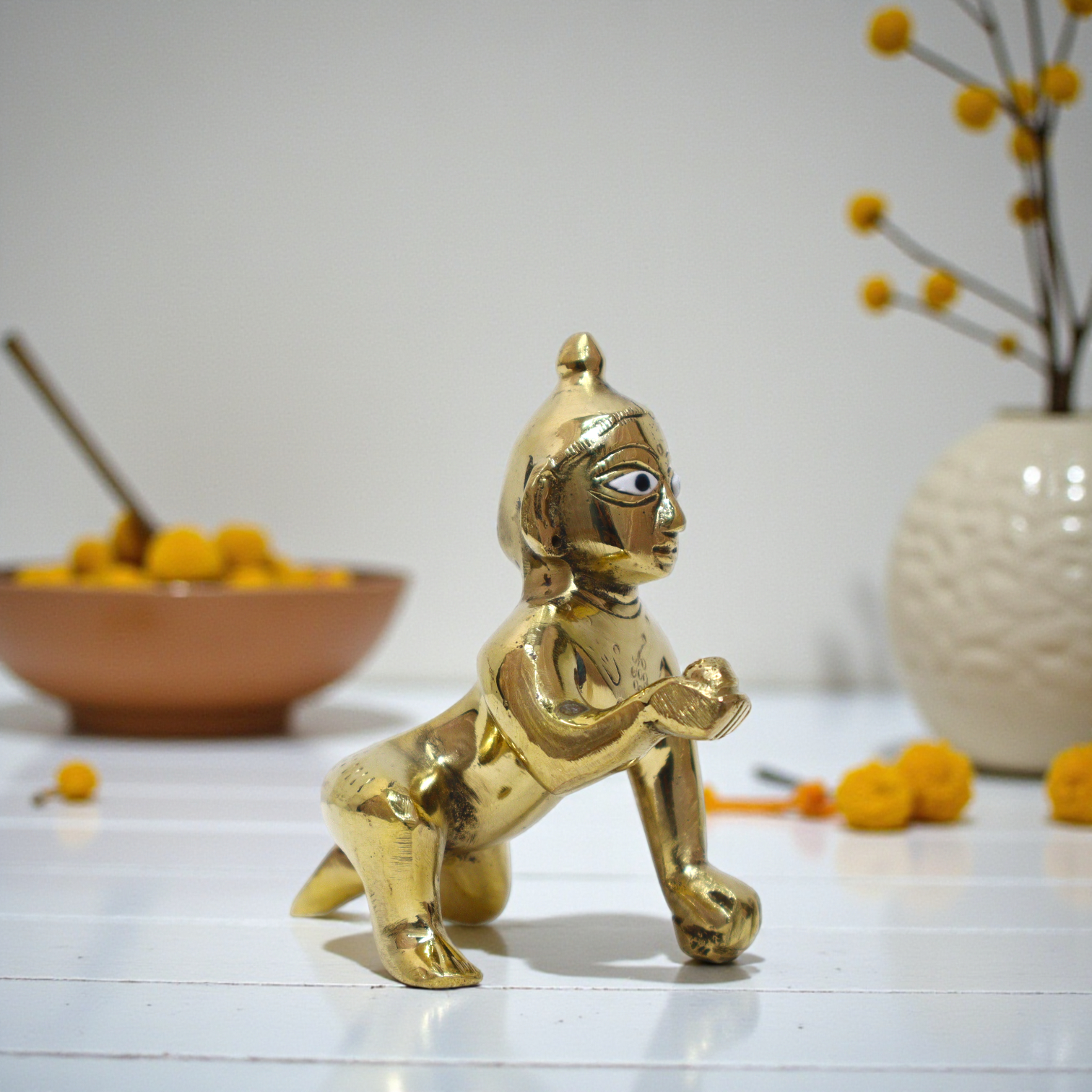 Pure Brass Laddu Gopal (Bal Krishna) – 3.5 Inch Crawling Idol Holding Laddu