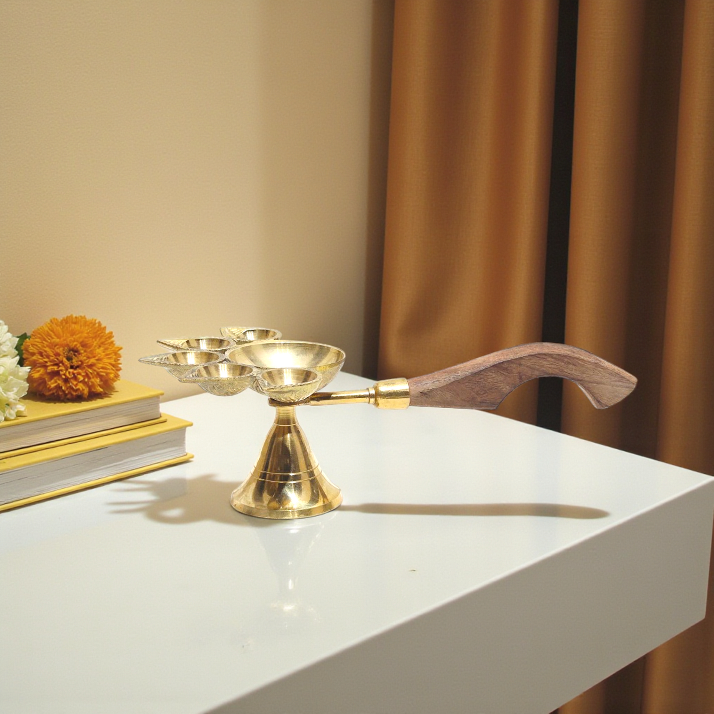 Pure Brass Kerala Diya with Wooden Handle | Traditional Multi-Wick Aarti Lamp | Handcrafted Brass Deepam