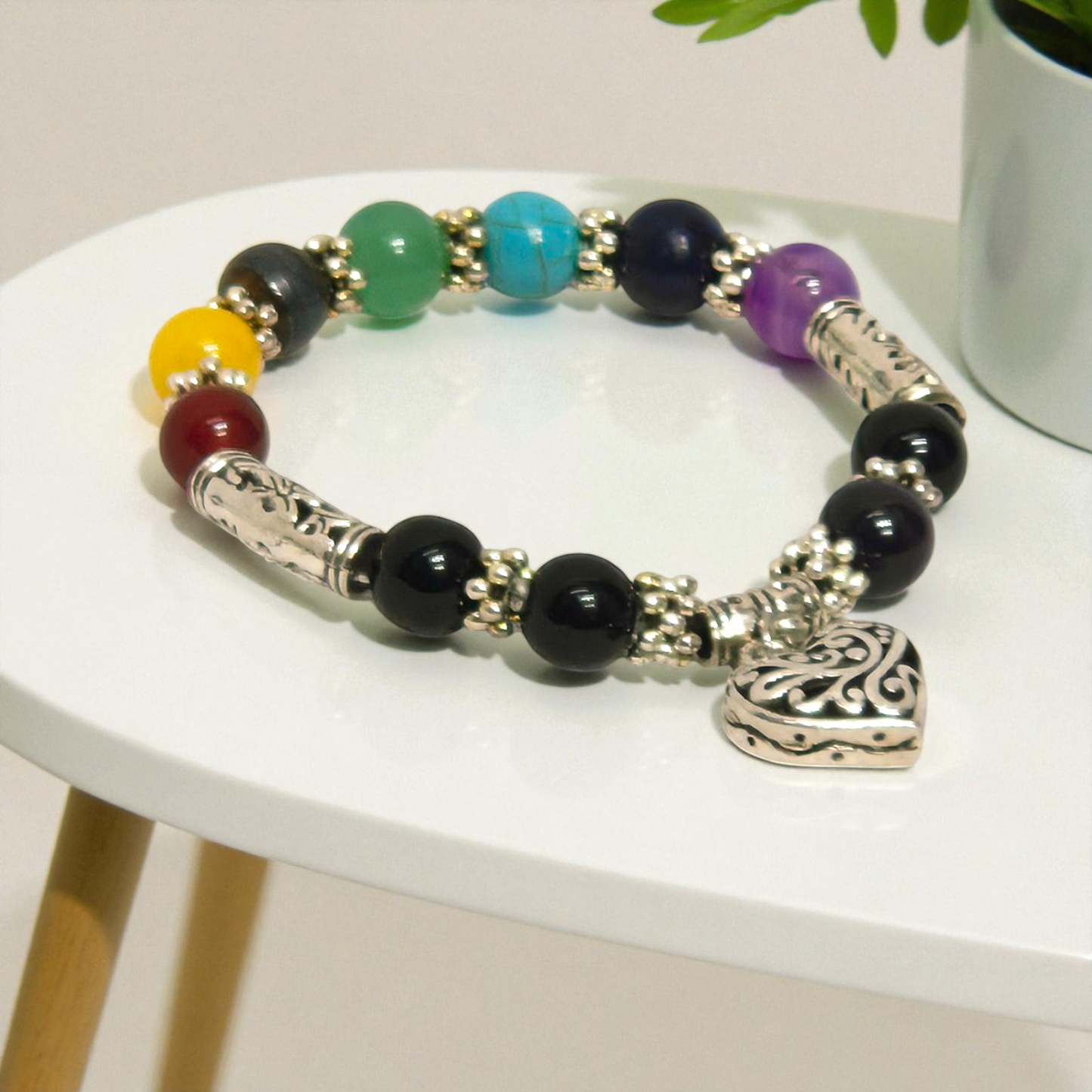 Multi-Stone Beaded Bracelet with Silver Accents & Heart Charm