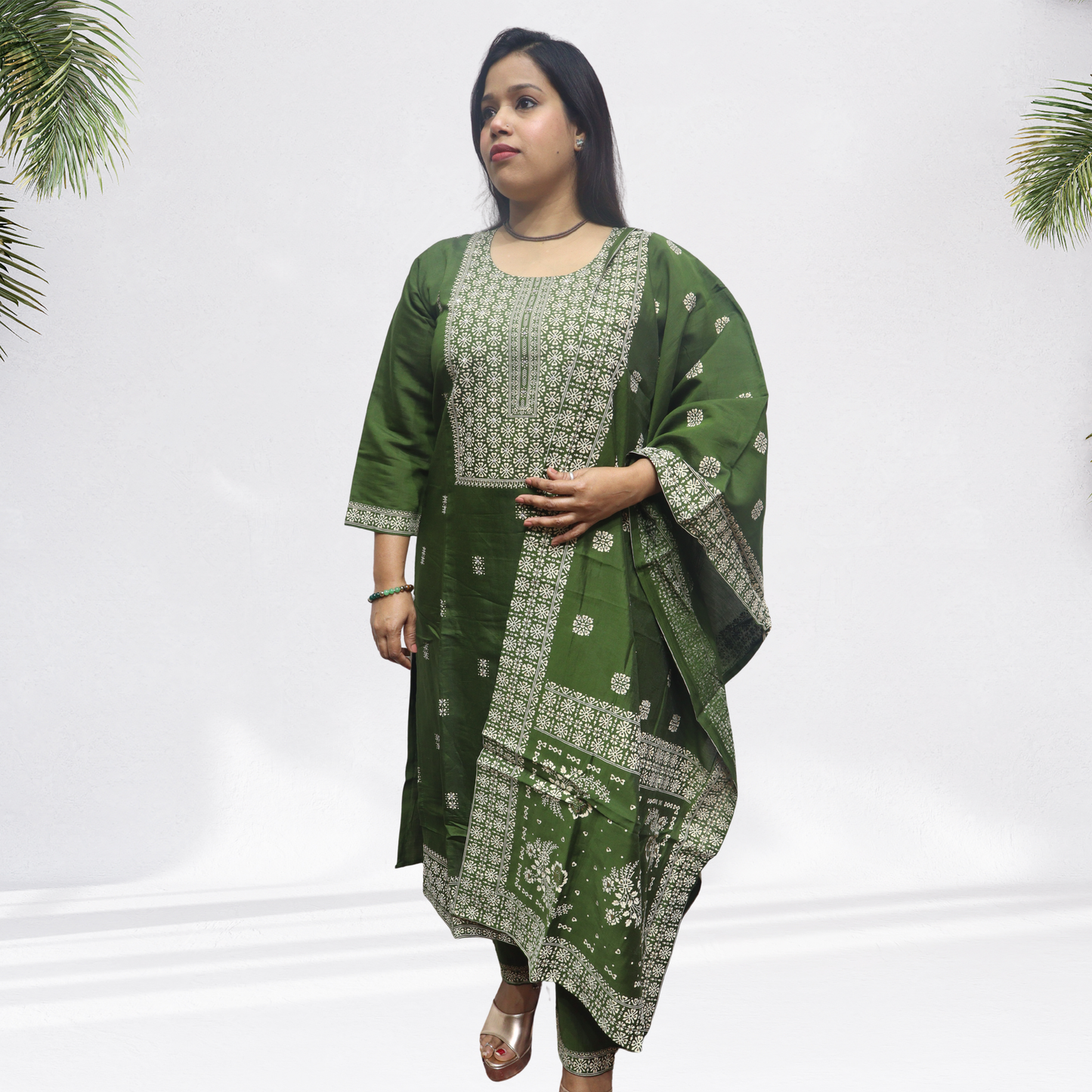 Royal Deep Green Khadi Silk Kurti Set – Handcrafted Ethnic Suit with White Intricate Embroidery & Printed Dupatta(08)