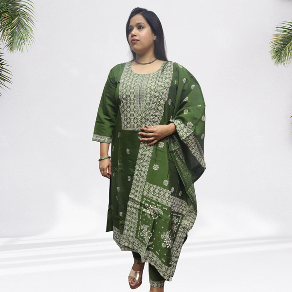 Royal Deep Green Khadi Silk Kurti Set – Handcrafted Ethnic Suit with White Intricate Embroidery & Printed Dupatta