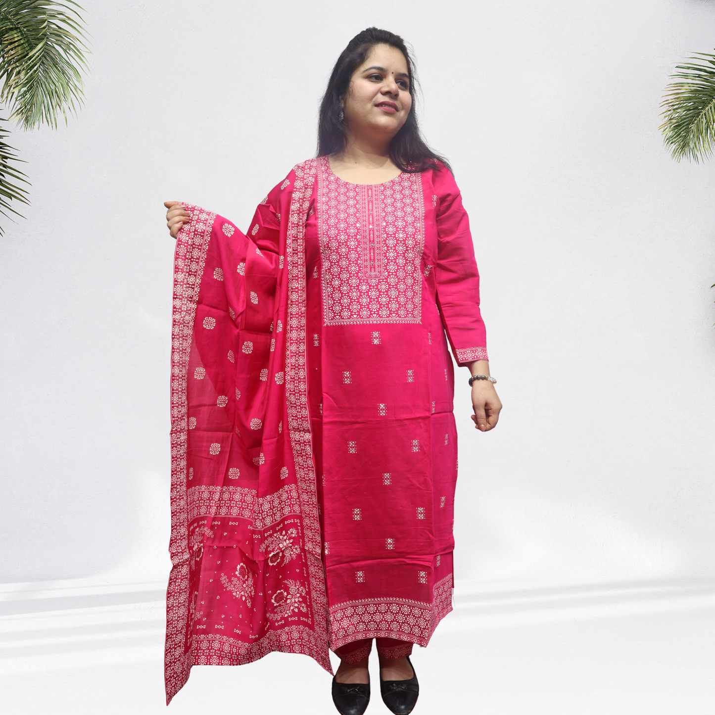 Vibrant Rani Pink Khadi Silk Kurti Set – Handcrafted Ethnic Suit with White Floral Embroidery & Matching Dupatta(09)