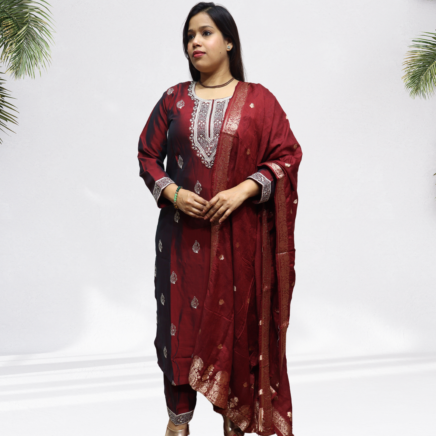 Royal Maroon & Black Khadi Silk Kurti Set – Handcrafted Dual-Tone Suit with Silver Embroidery & Banarasi Dupatta(07)