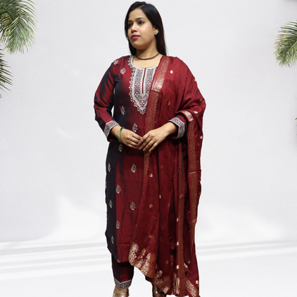 Royal Maroon & Black Khadi Silk Kurti Set – Handcrafted Dual-Tone Suit with Silver Embroidery & Banarasi Dupatta(07)