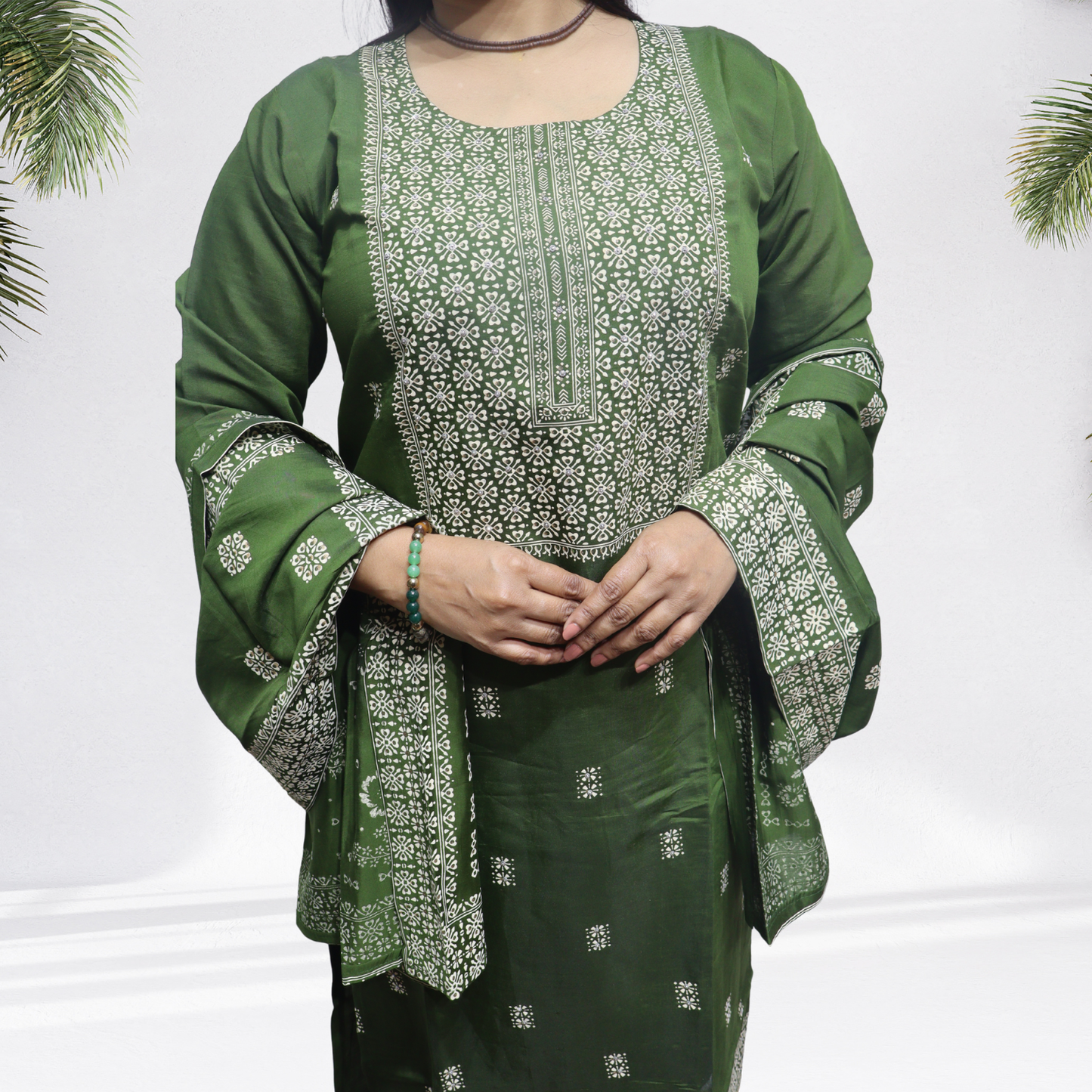 Royal Deep Green Khadi Silk Kurti Set – Handcrafted Ethnic Suit with White Intricate Embroidery & Printed Dupatta(08)