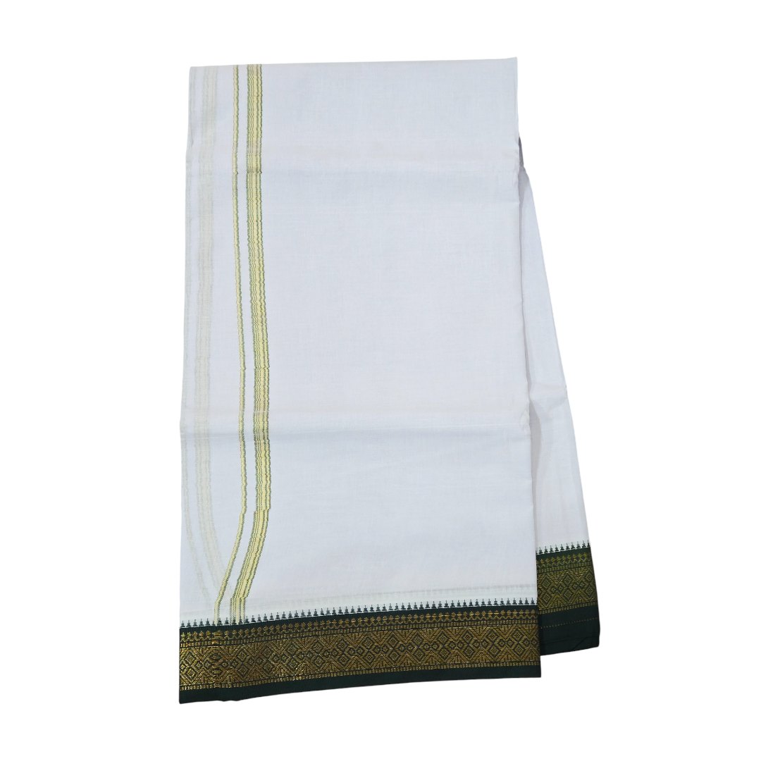Border detail of white khadi cotton dhoti with dark green and gold zari weaving 