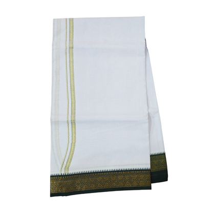 Border detail of white khadi cotton dhoti with dark green and gold zari weaving 