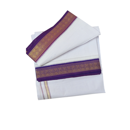 Folded white khadi cotton dhoti with royal purple and gold zari woven border