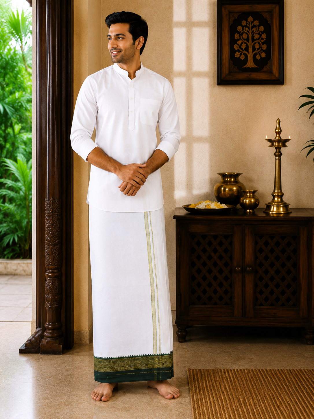Model wearing pure white khadi cotton dhoti with dark green and gold zari border