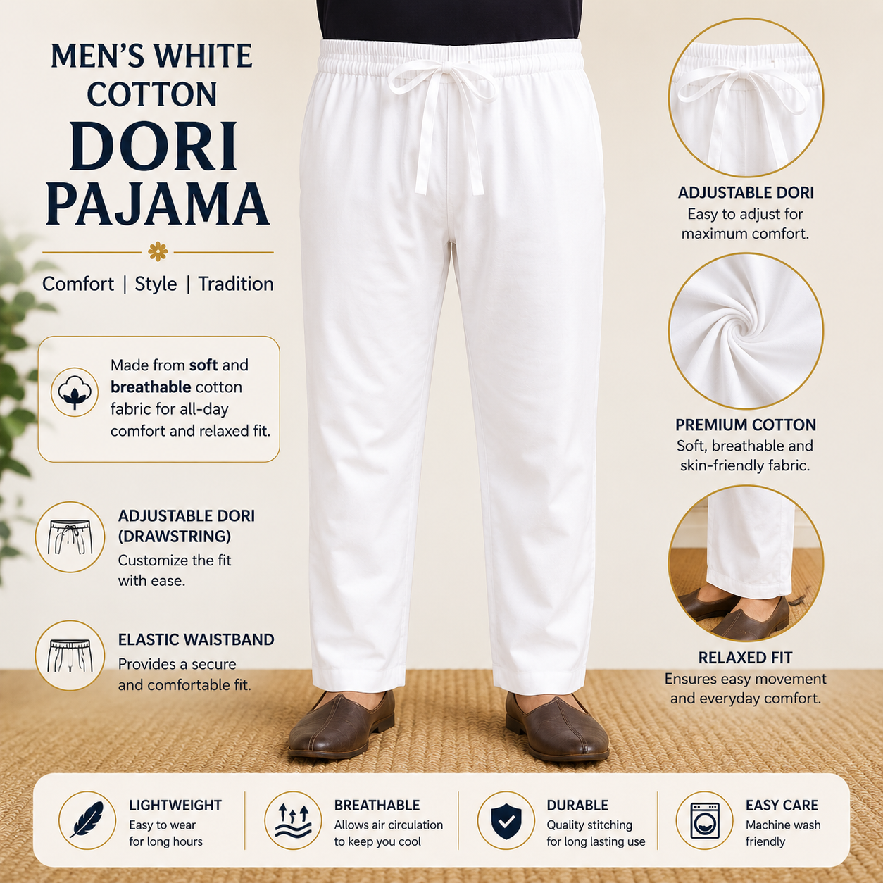 Infographic of men white cotton dori pajama with adjustable drawstring waist and breathable fabric