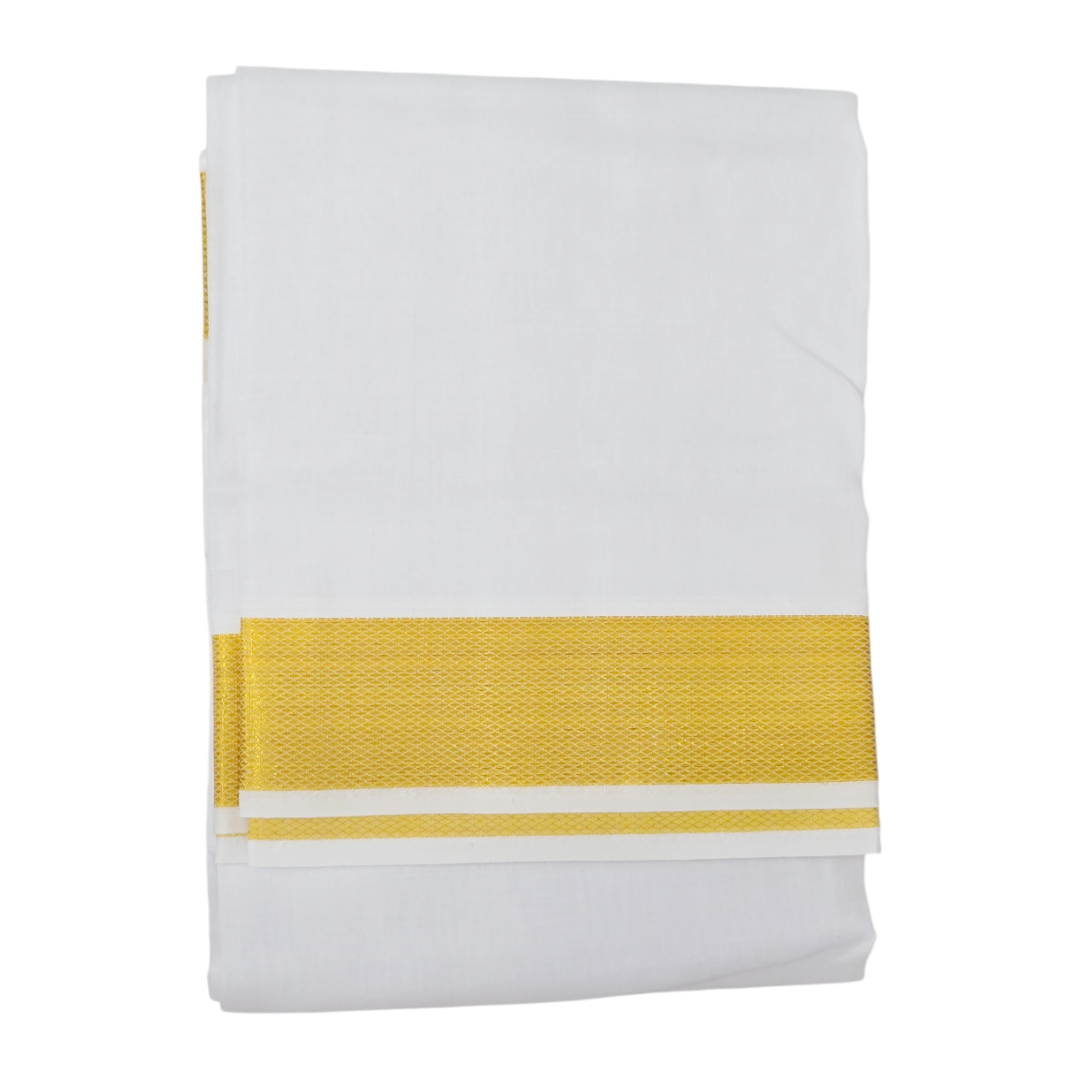 Folded white khadi cotton dhoti with golden zari border detail