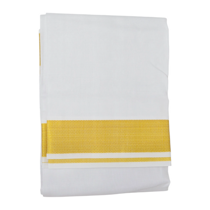 Folded white khadi cotton dhoti with golden zari border detail