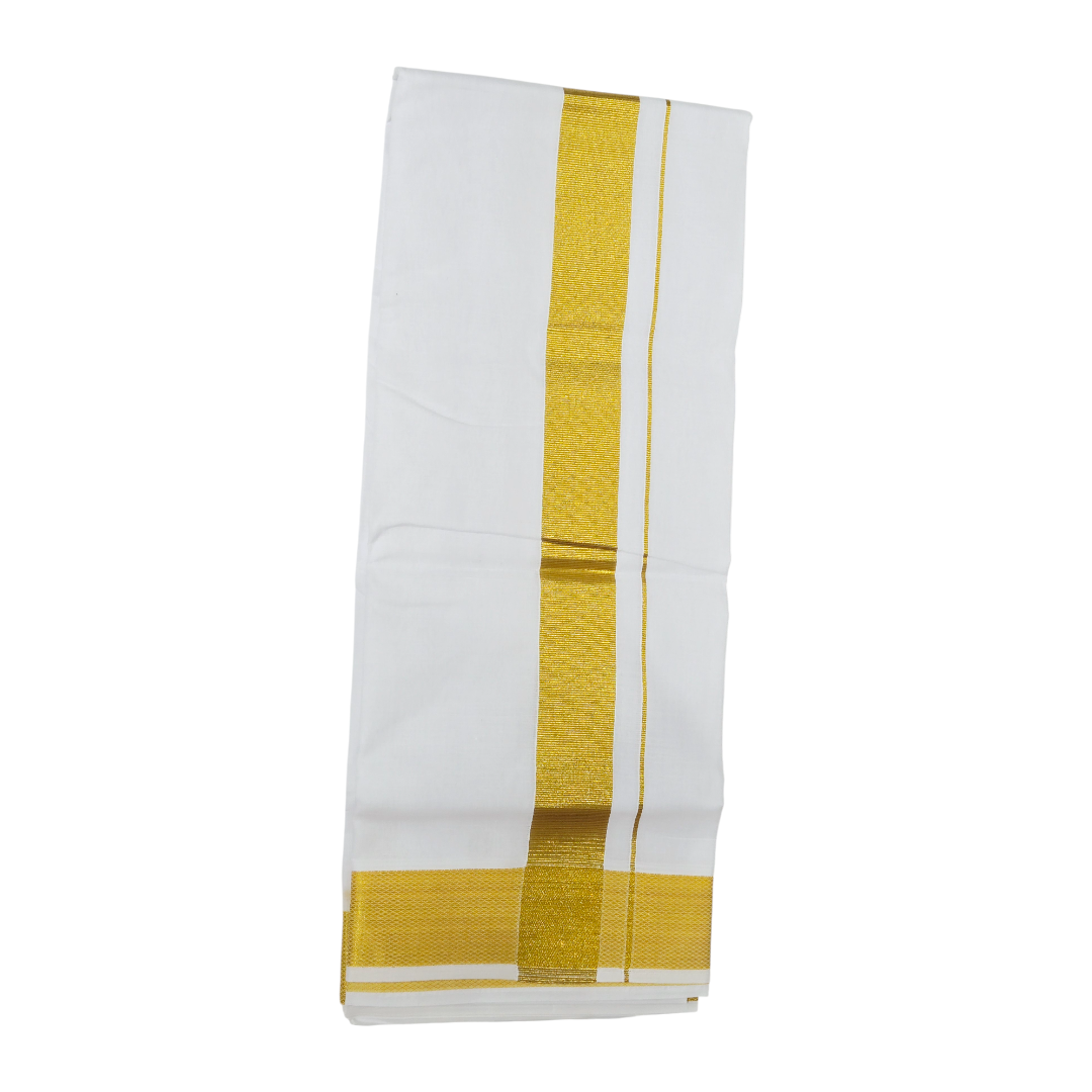 Traditional white khadi cotton dhoti with rich golden woven border