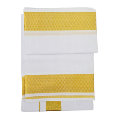 Premium white khadi cotton dhoti neatly folded with golden zari border