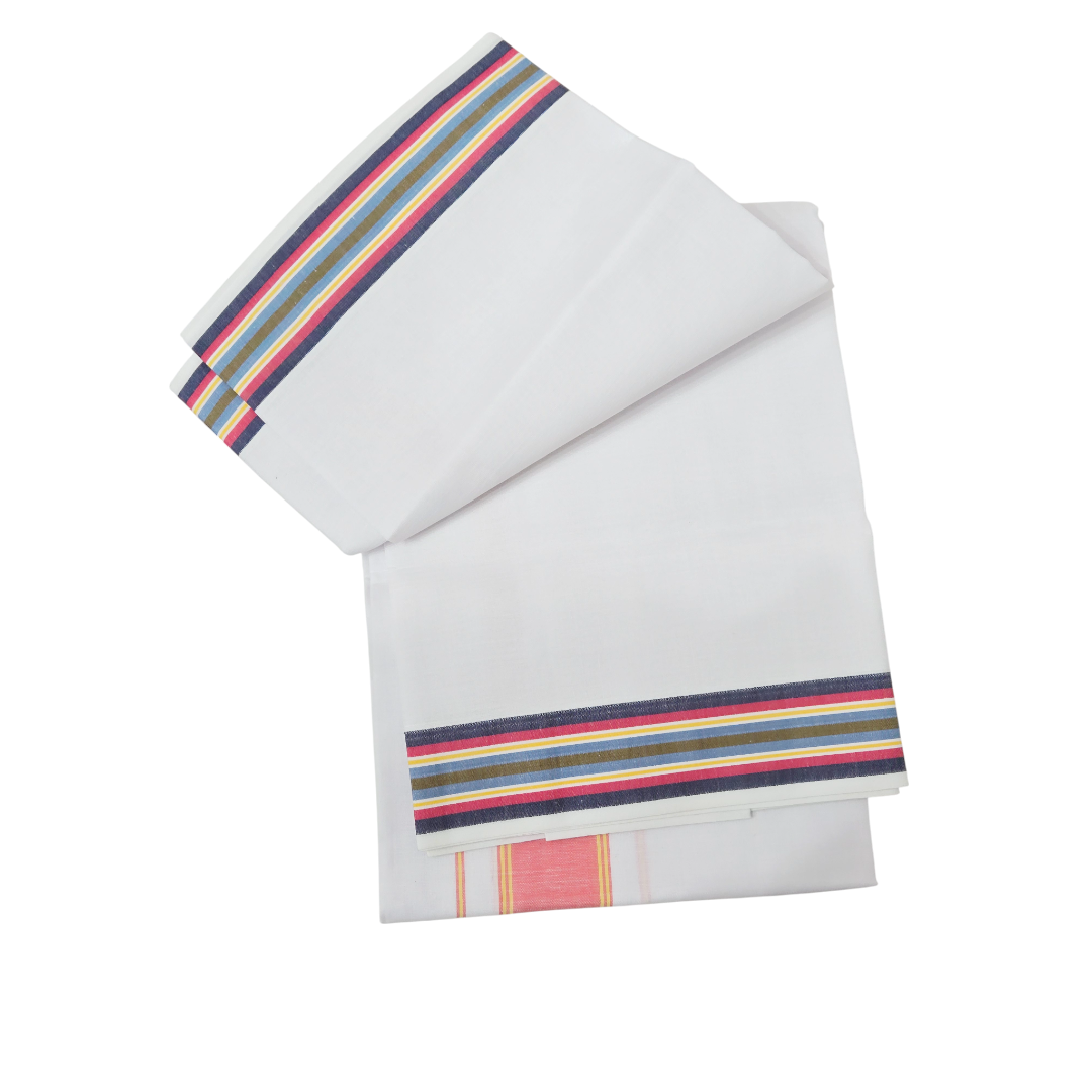 Folded white khadi cotton lungi with multi-color woven border