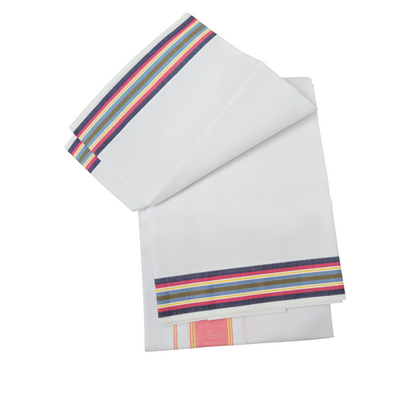 Folded white khadi cotton lungi with multi-color woven border