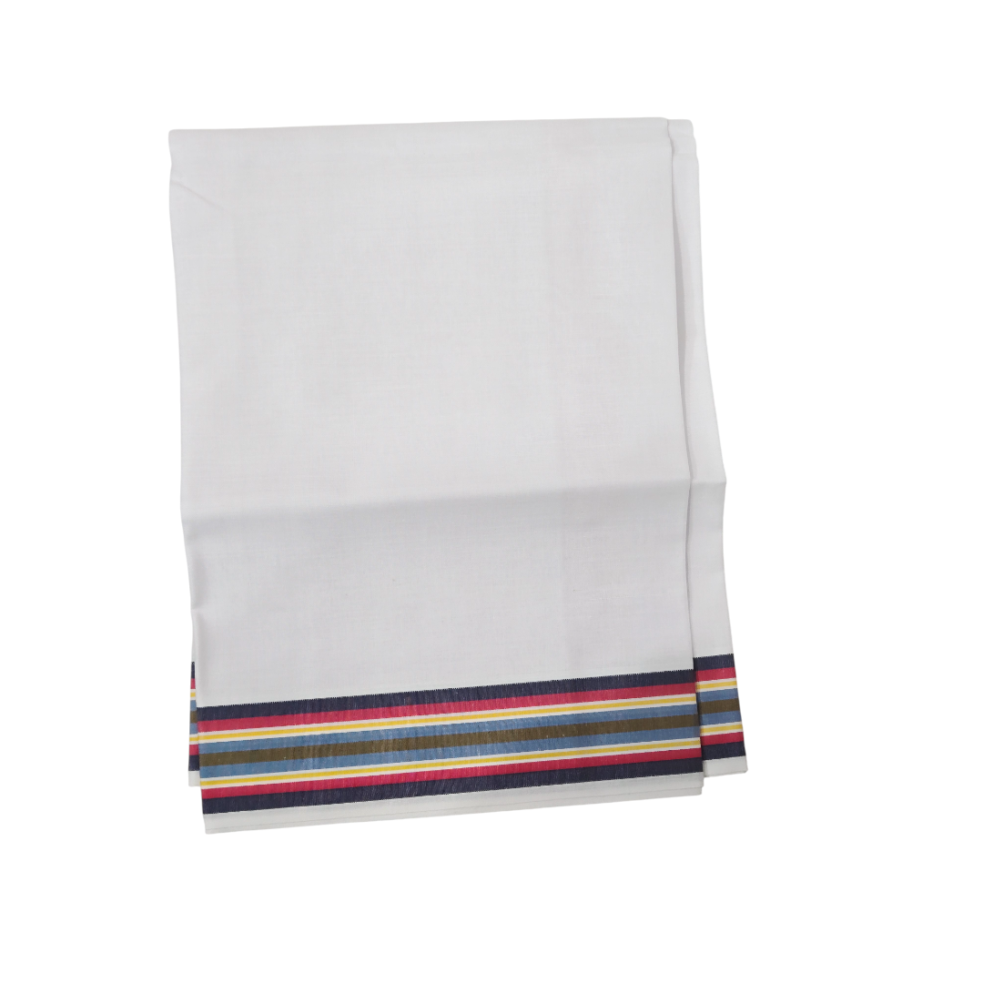 Premium white khadi cotton lungi neatly folded with colorful border