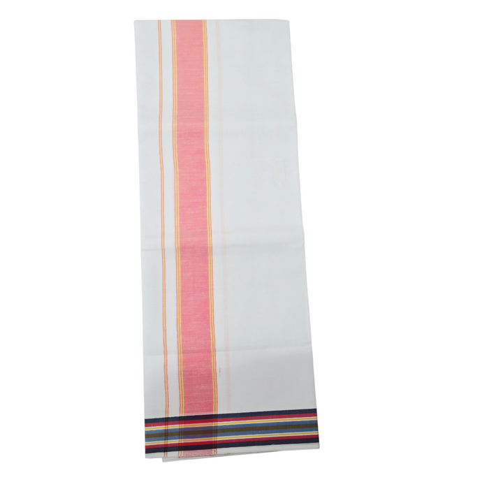 Premium White Khadi Cotton Lungi with Pink Stripe & Multi-Color Border | Traditional Handwoven Wear