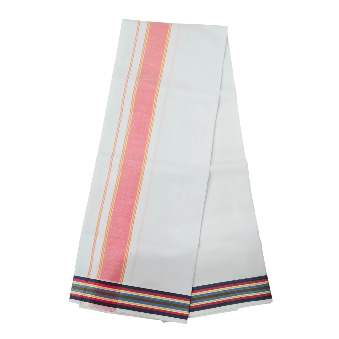 Traditional white khadi cotton lungi with pink stripe and woven border