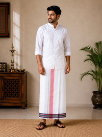Premium White Khadi Cotton Lungi with Pink Stripe & Multi-Color Border | Traditional Handwoven Wear