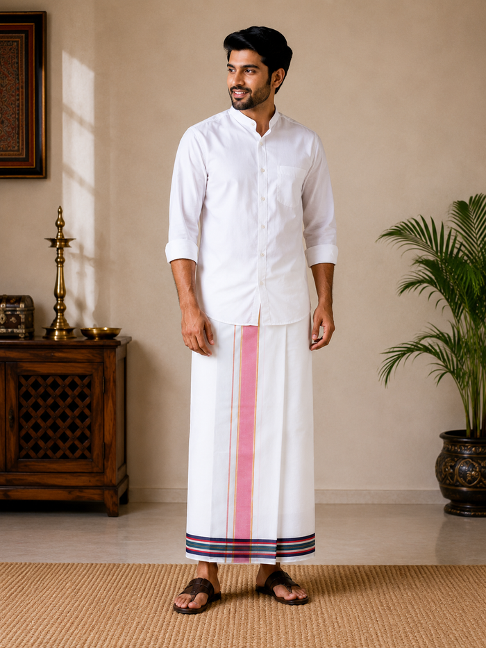 Premium White Khadi Cotton Lungi with Pink Stripe & Multi-Color Border | Traditional Handwoven Wear