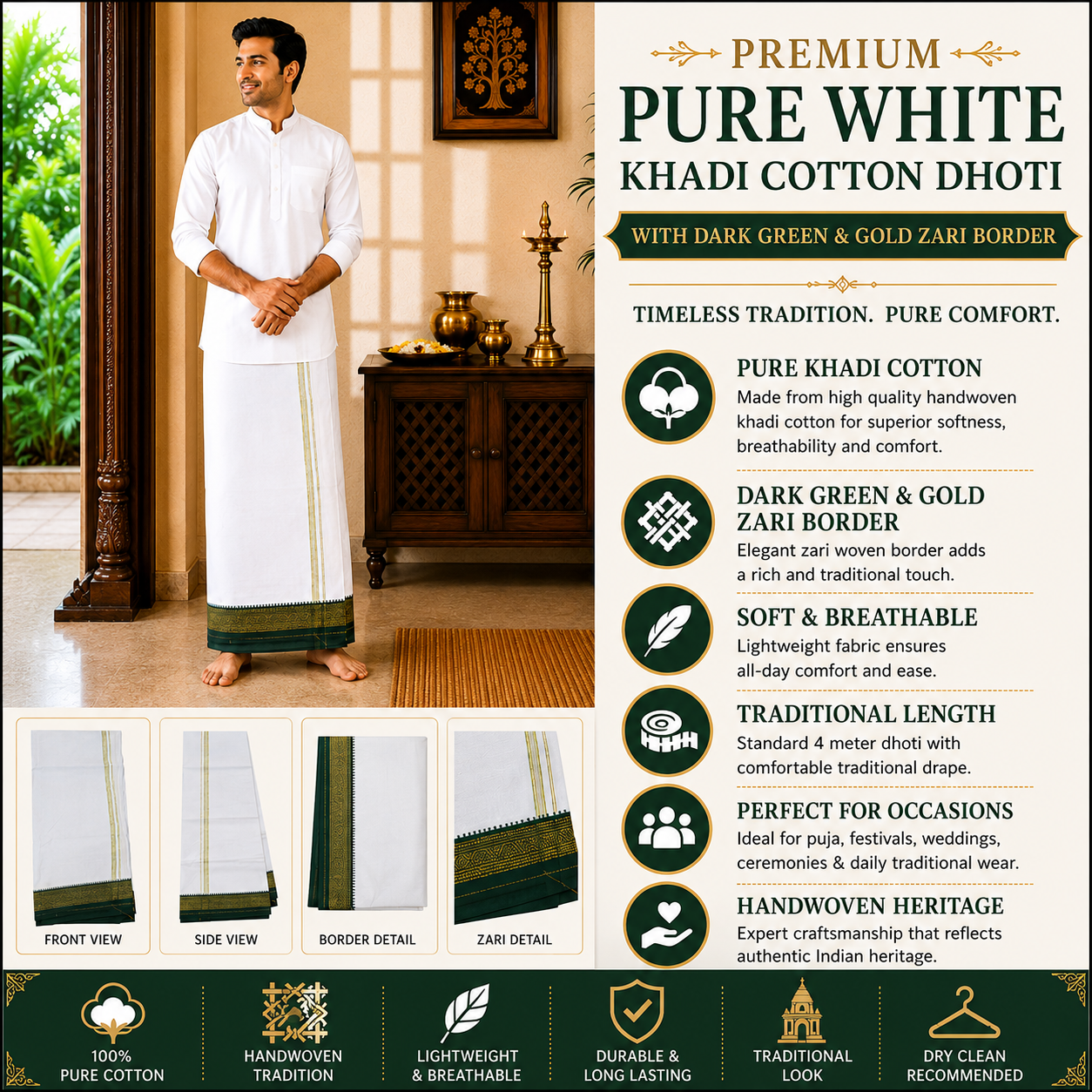 Infographic of pure white khadi cotton dhoti with dark green and gold zari border and traditional features