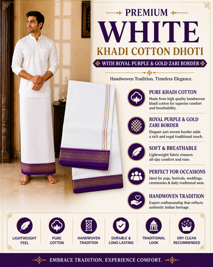 Infographic of premium white khadi cotton dhoti with royal purple and gold zari border and traditional features