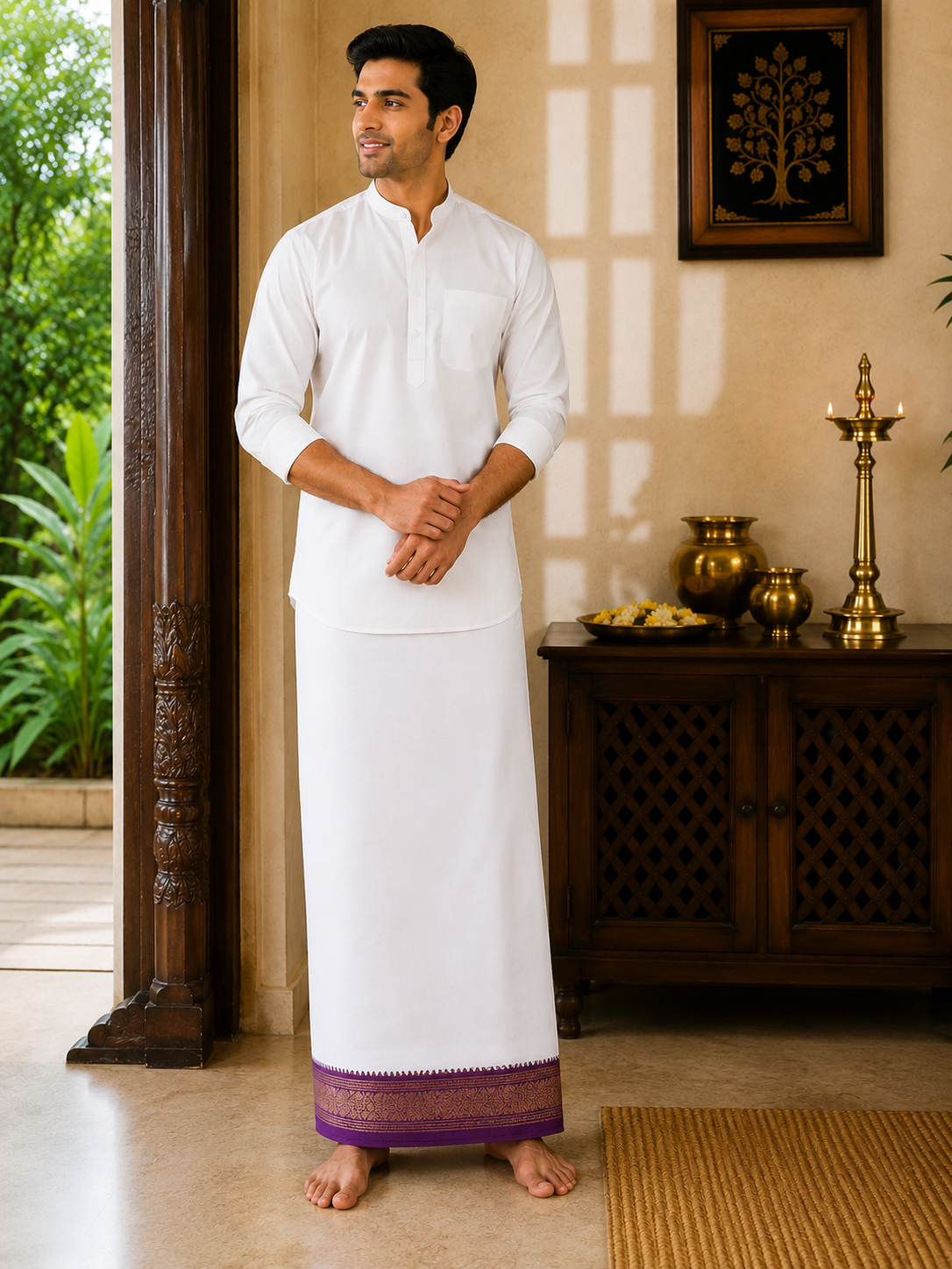 Model wearing premium white khadi cotton dhoti with royal purple and gold zari border