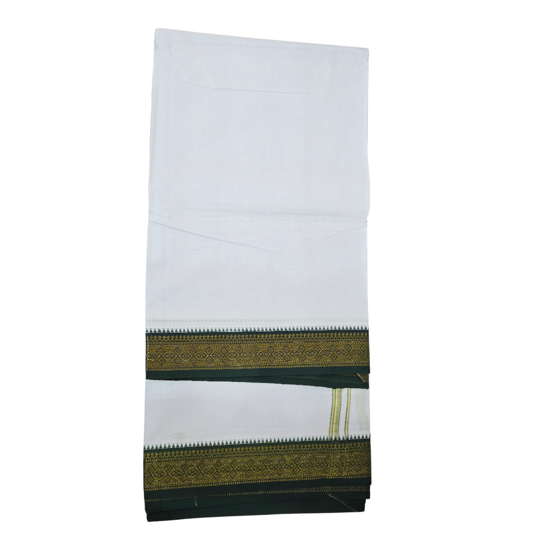 Traditional white khadi cotton dhoti side view with dark green zari border