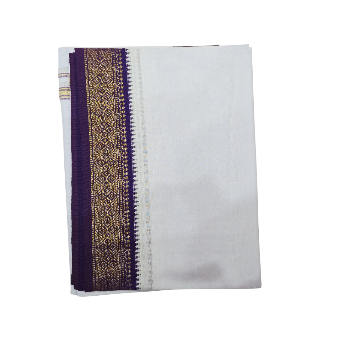 Traditional white khadi cotton dhoti side view with royal purple zari border