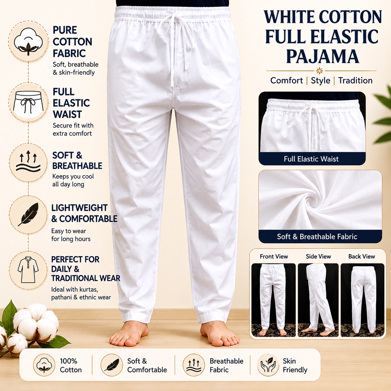 Infographic of men white cotton full elastic pajama with product features
