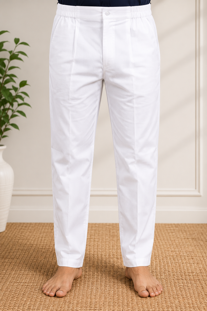 Men’s White Cotton Pant Style Pajama – Half Elastic Ethnic Wear