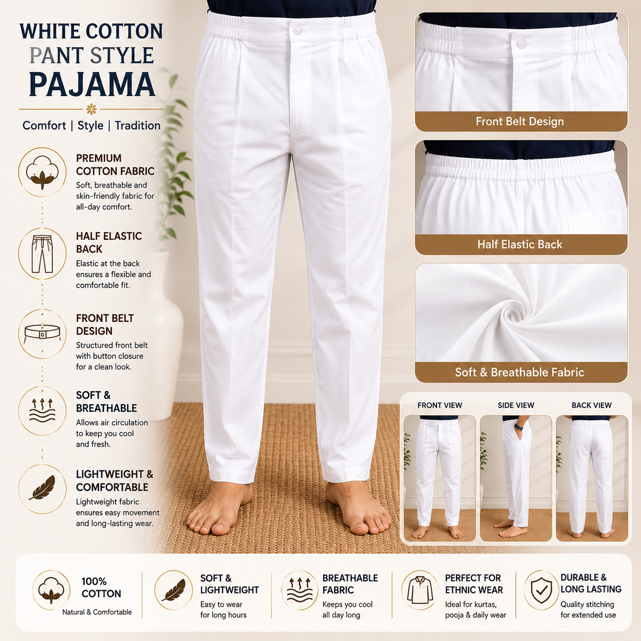 Infographic of men white cotton pant style pajama with half elastic back and front belt design