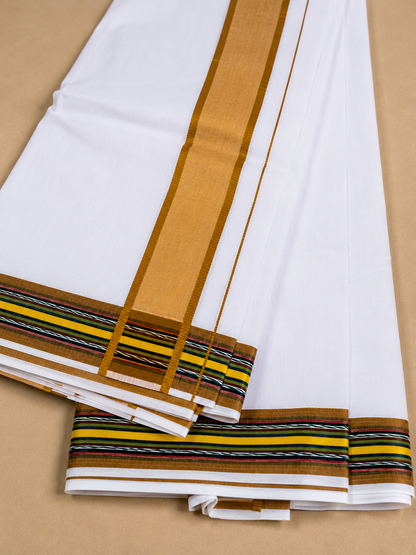 Close up view of white cotton dhoti golden border traditional ethnic fabric design