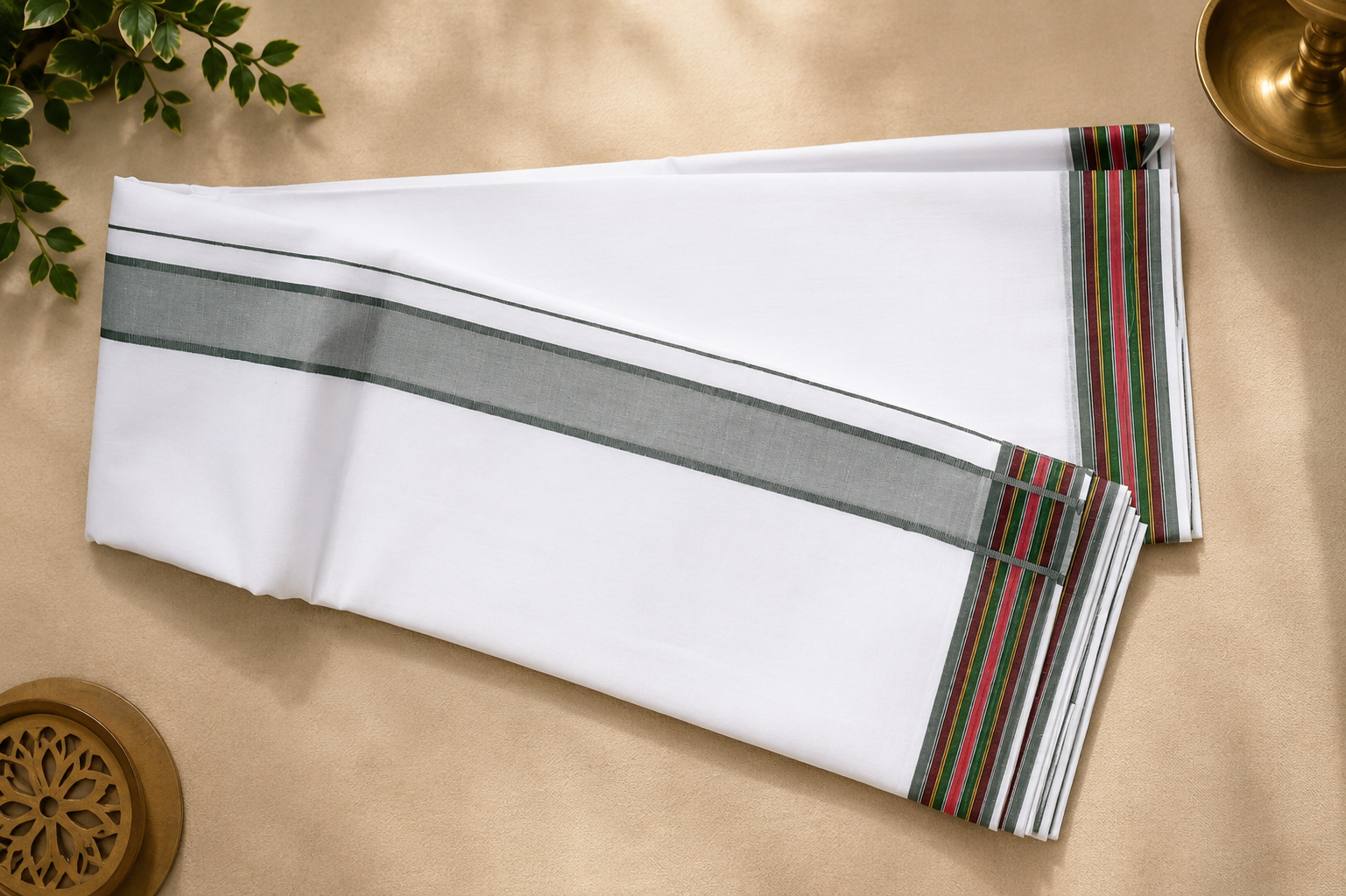 Full view of white cotton dhoti with traditional striped border and angavastram