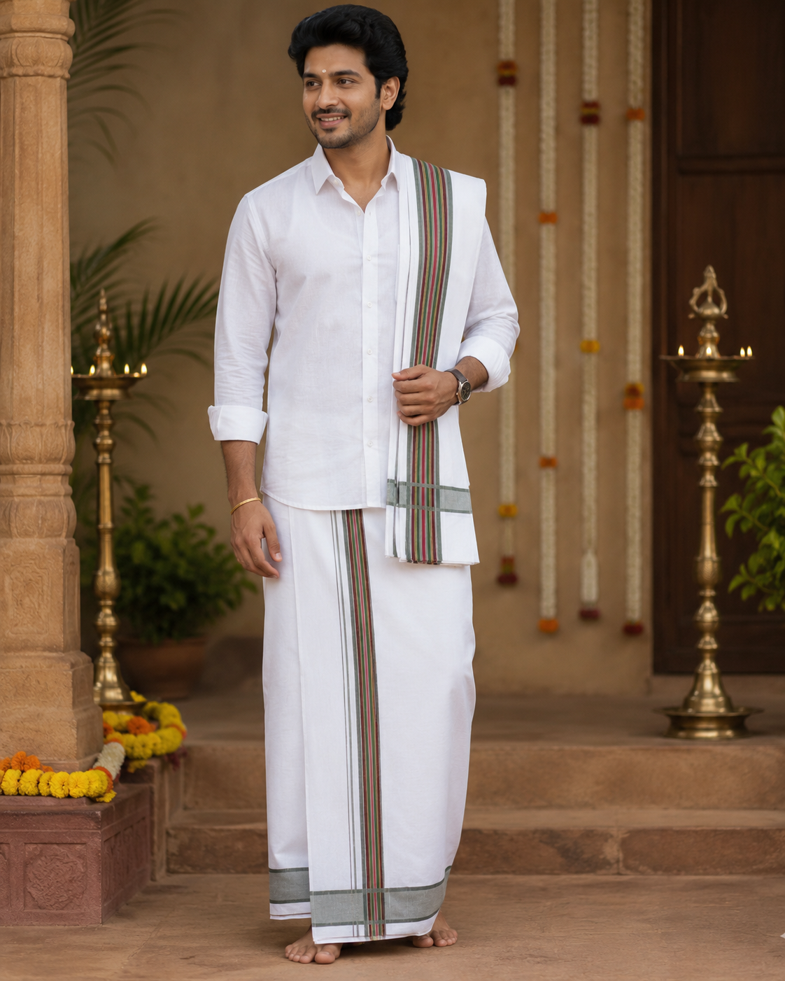 Traditional white cotton dhoti set with colorful angavastram border for pooja and festive wear