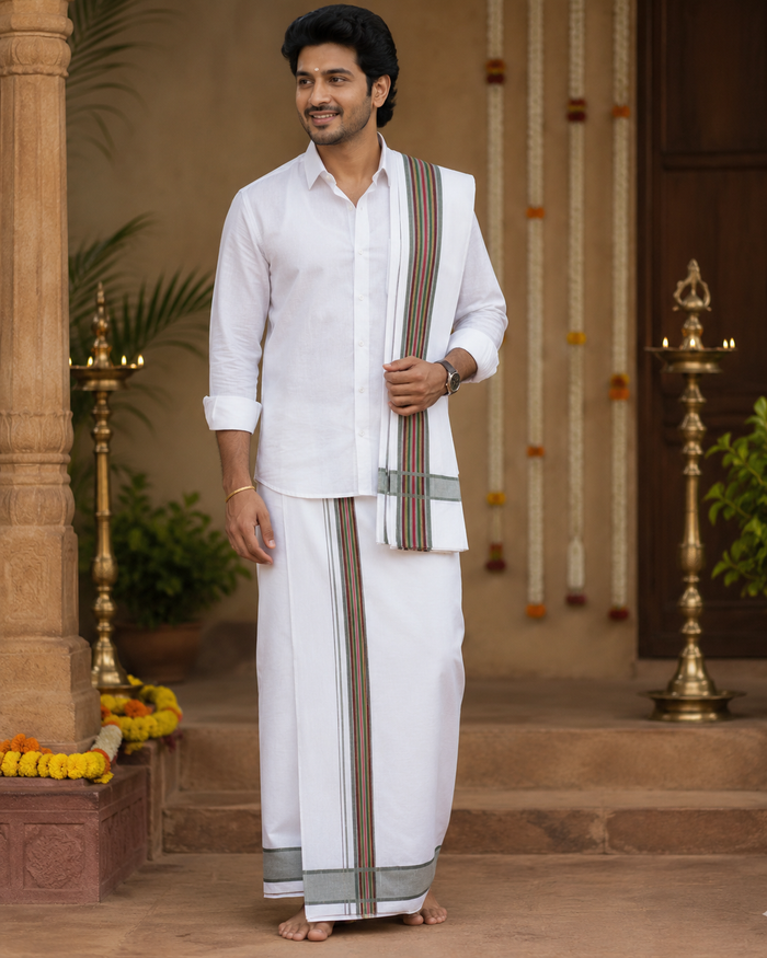 White Cotton Dhoti Set with Angavastram for Men | Traditional South Indian Dhoti