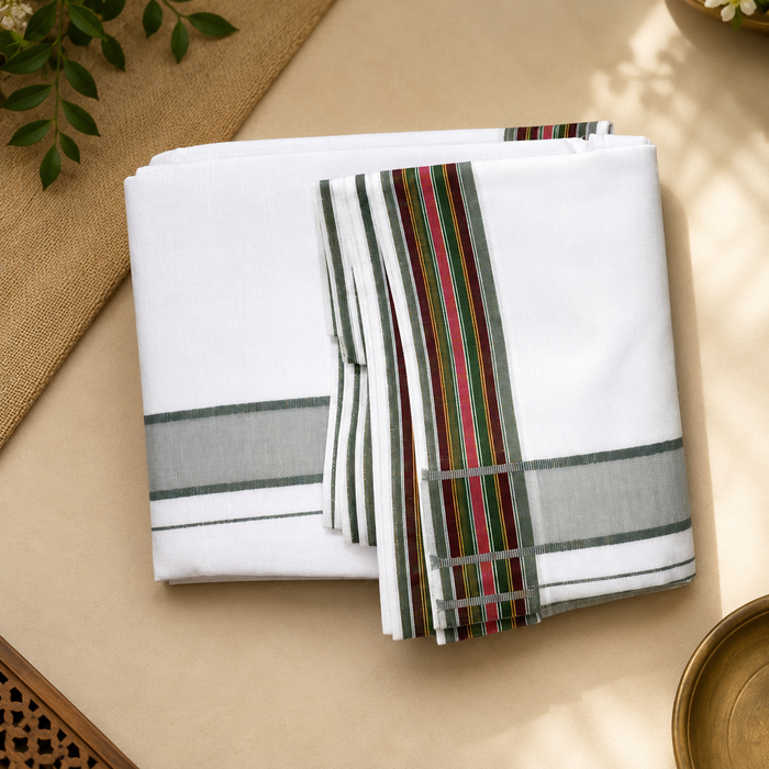White Cotton Dhoti Set with Angavastram for Men | Traditional South Indian Dhoti