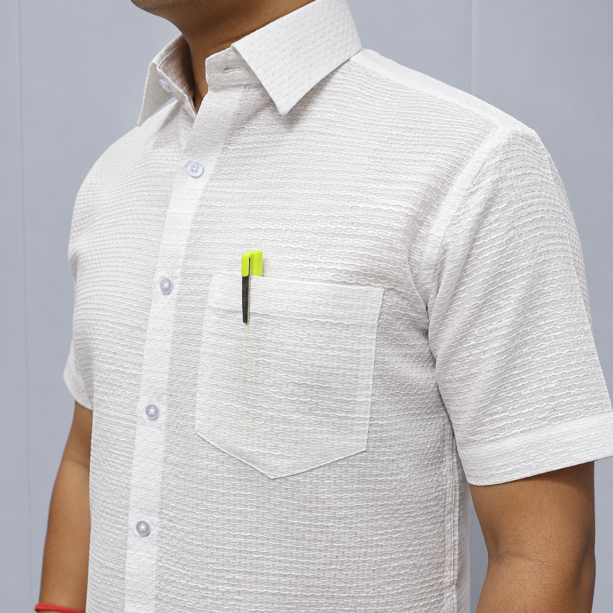 White Men's Cotton Shirt – Collar and Chest Pocket Detail