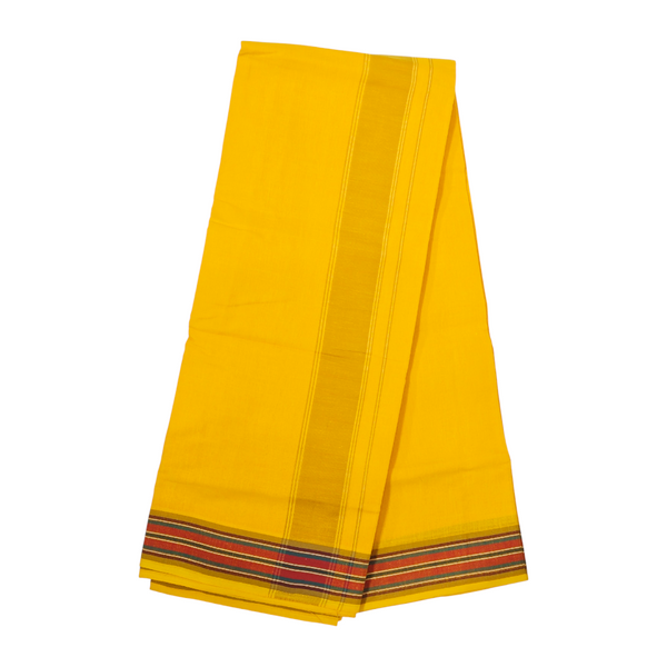 Premium Yellow Khadi Cotton Dhoti with Multi-Color Striped Border | Handwoven Traditional Ethnic Wear