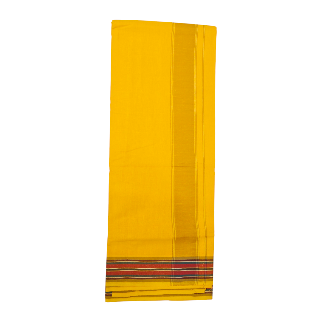 Traditional yellow khadi cotton dhoti with elegant striped border side view