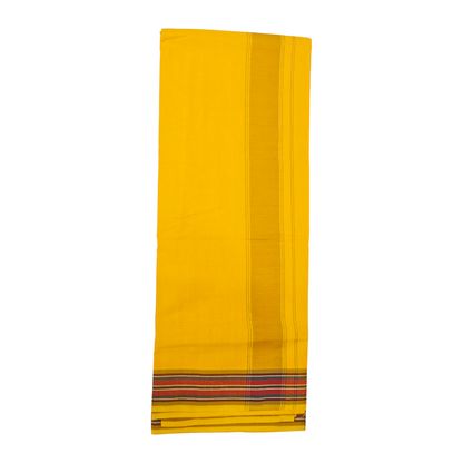 Traditional yellow khadi cotton dhoti with elegant striped border side view