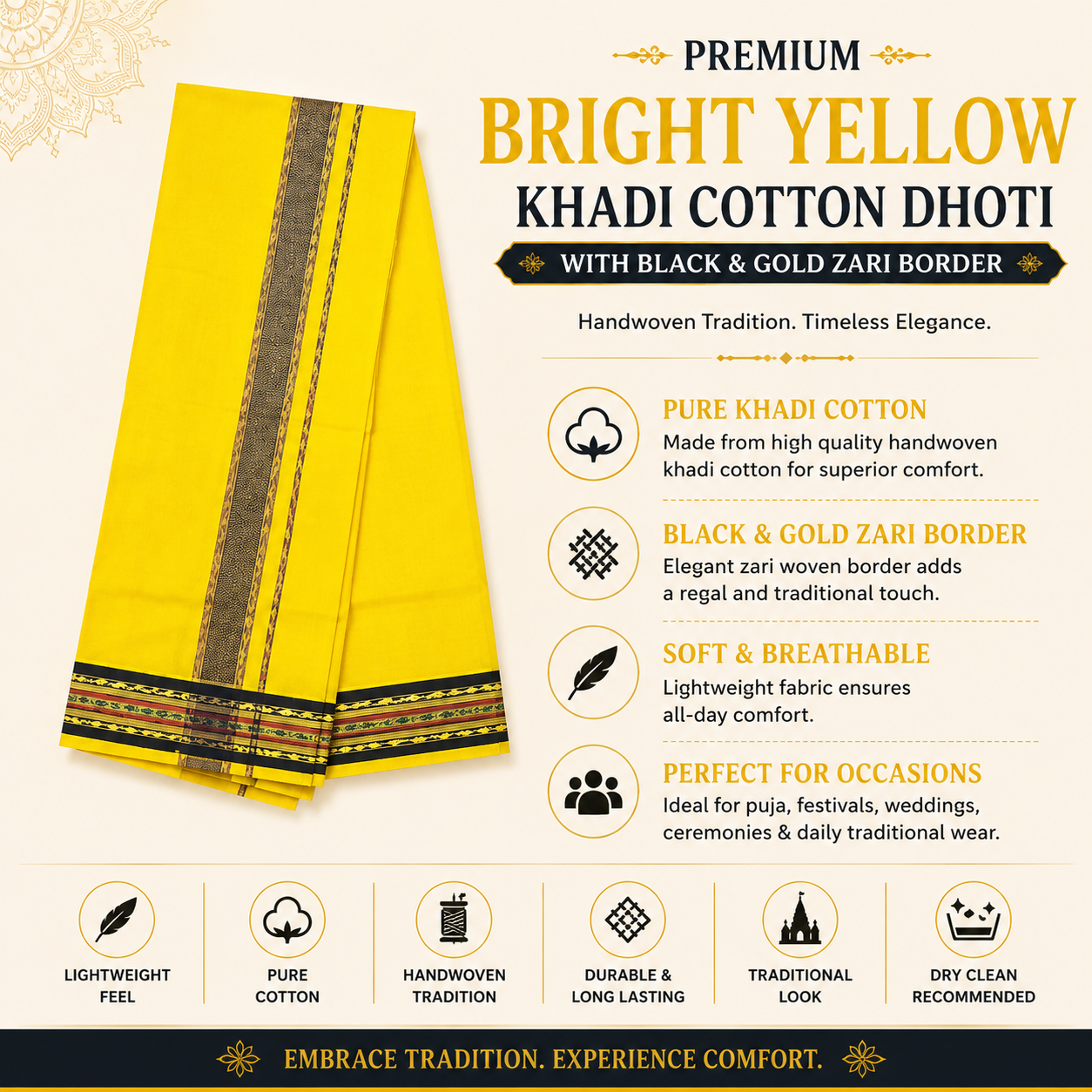 Folded bright yellow khadi cotton dhoti with black and gold woven zari border